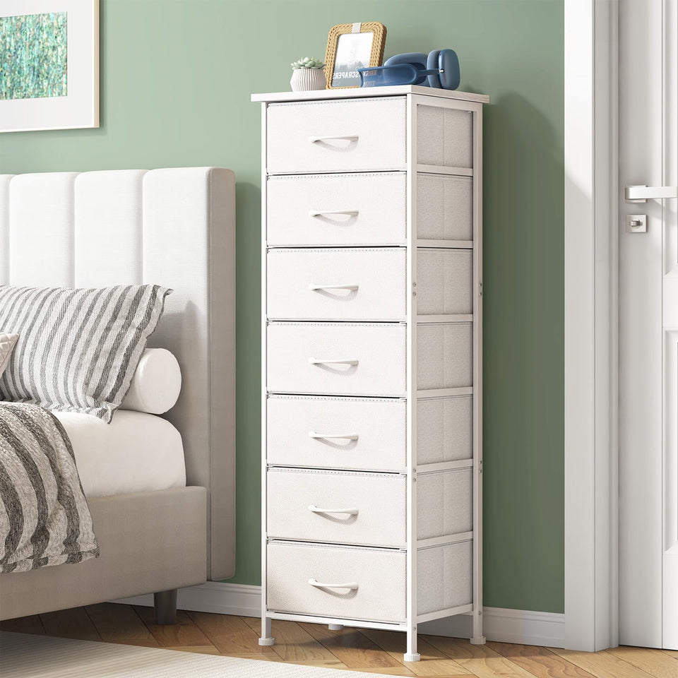 Fixwal tall white dresser front view with seven fabric drawers for organized storage