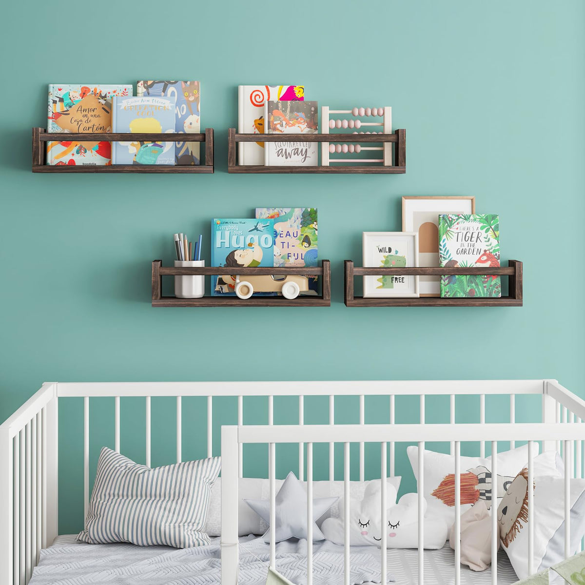 Fixwal wall-mounted shelves organize kids' books and toys in a tidy display.