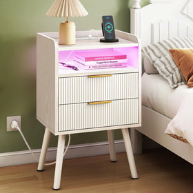 Fixwal white fluted nightstand with charging station for easy bedside device charging
