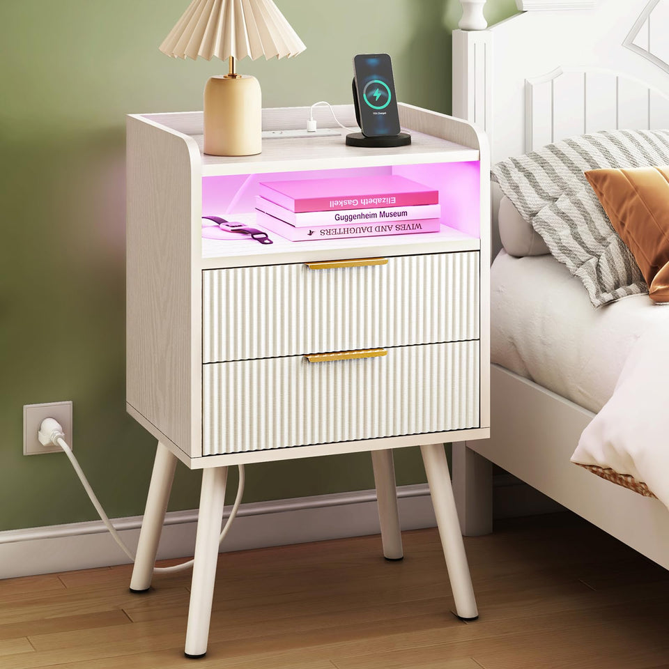 Fixwal white fluted nightstand with charging station for easy bedside device charging