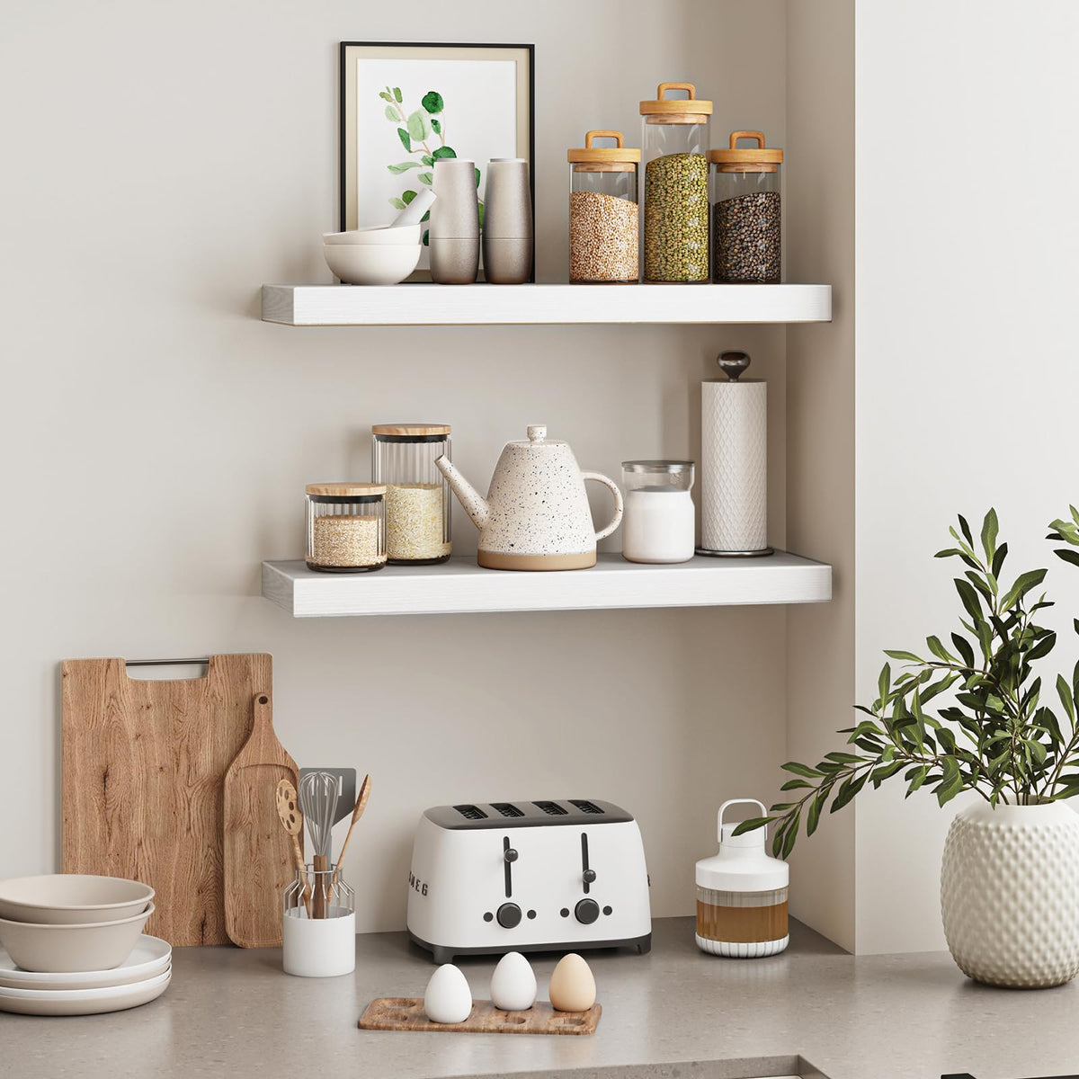 Bathroom storage with Fixwal white shelf for towels and essentials.