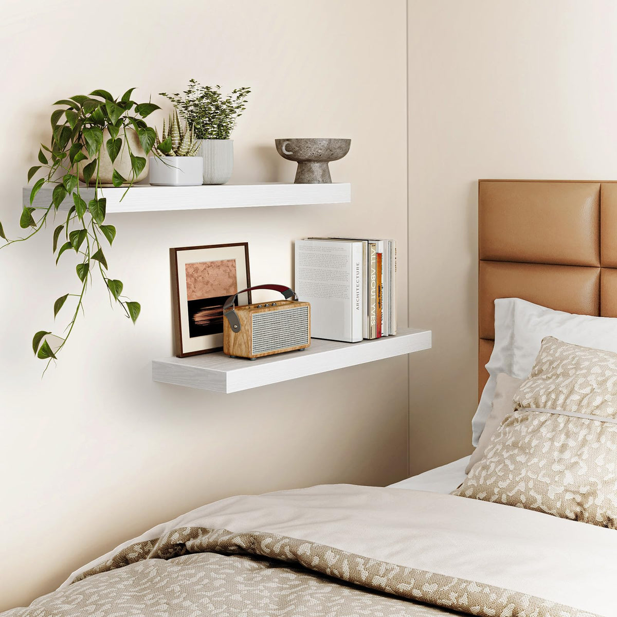Bedroom decor featuring Fixwal white shelf maximizing wall space.