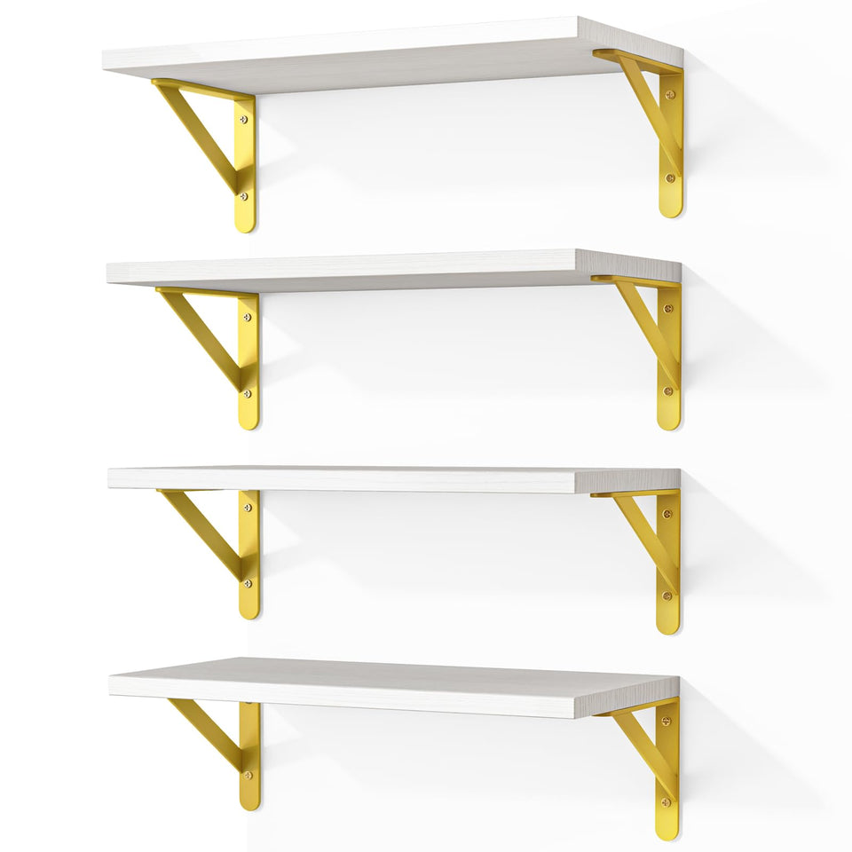 Fixwal white four-pack floating shelves with wall-mount brackets for versatile display and storage.