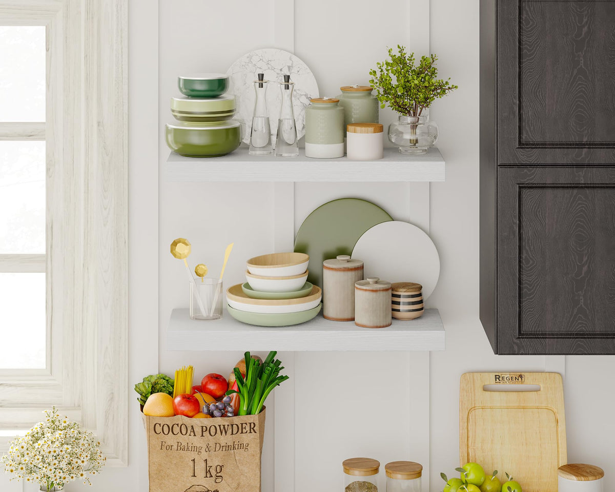 Fixwal white shelves wood-grain MDF finish adds rustic charm.