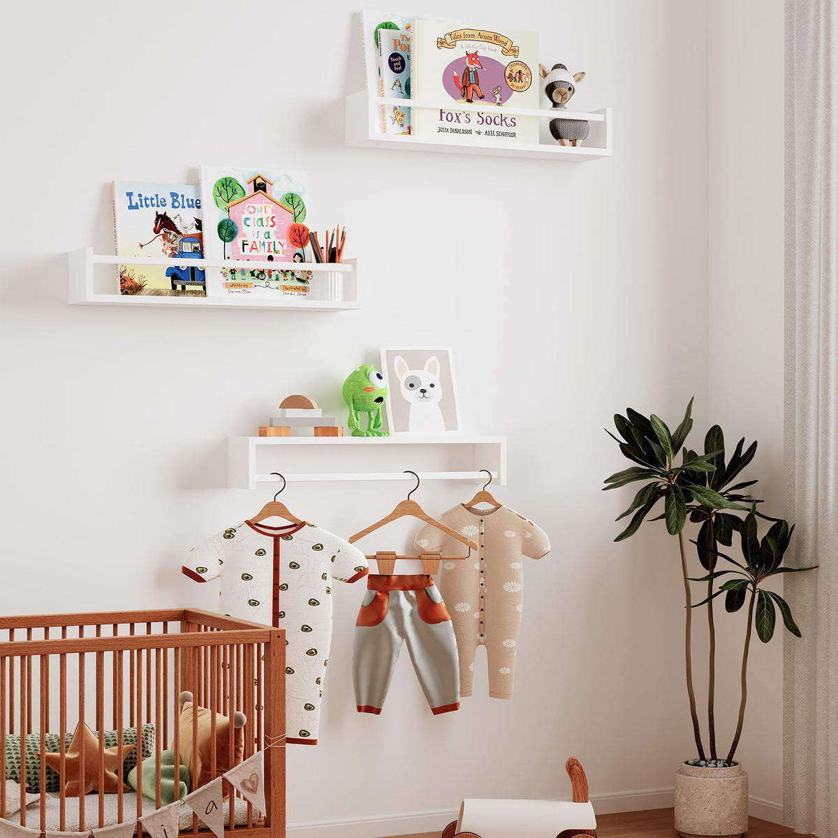 Fixwal white wall-mounted shelves displaying books and toys in a kid's room