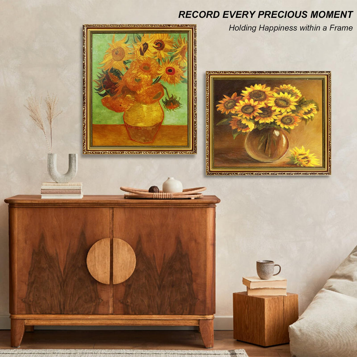 FJXMFRAME close-up shows vintage wood texture and ornate pattern on the gold frame