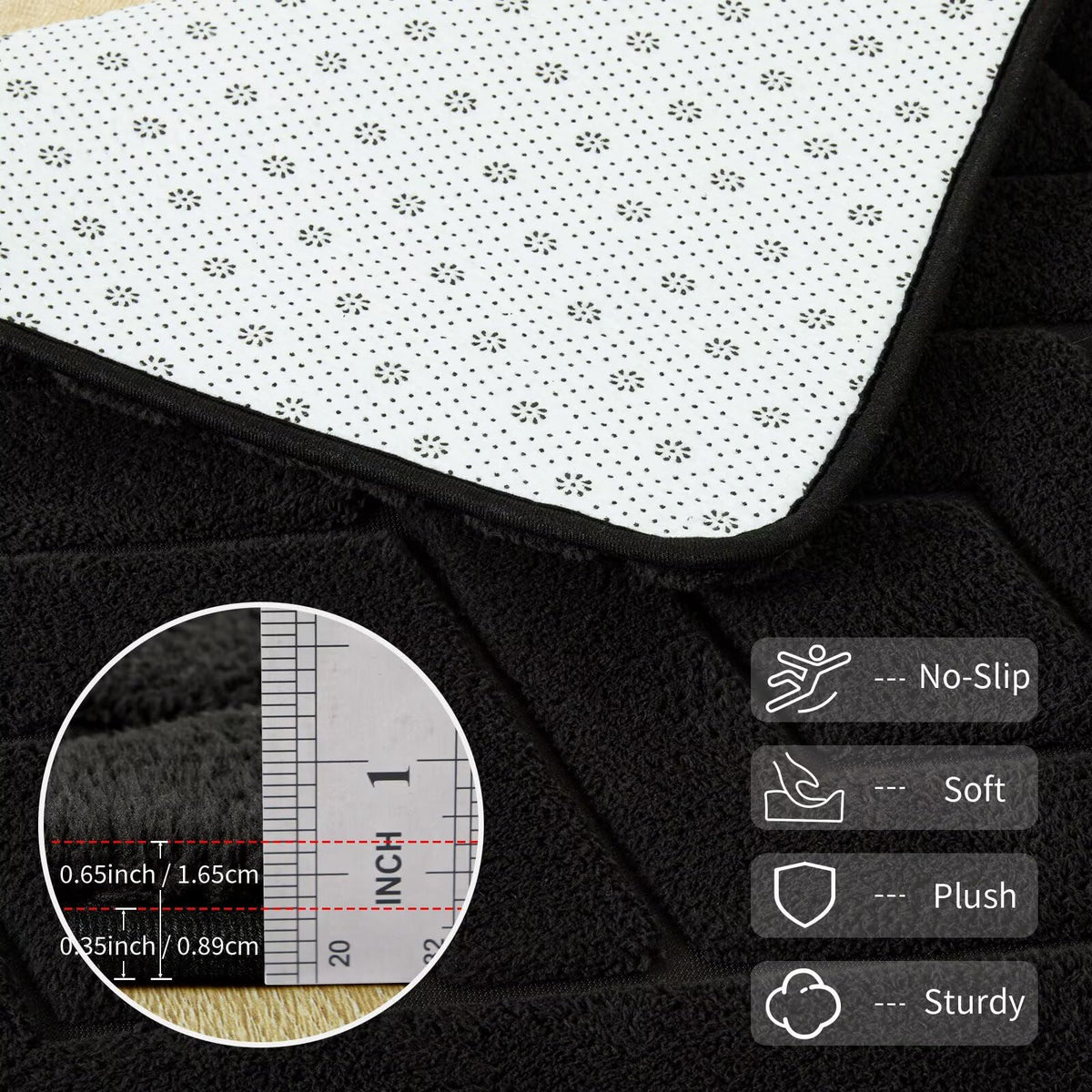 Flagover rug back with anti-slip dots for secure placement.