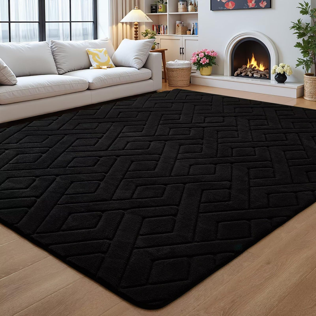 Flagover 5x7 black washable area rug top view, plush geometric shag for cozy living spaces.