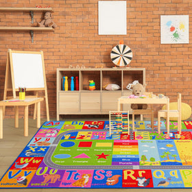 Flagover Classroom Rug showcasing seasons and shapes for engaging group activities.