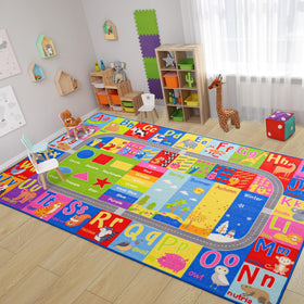 Flagover Kids Rug with ABC letters and numbers for early literacy during playtime.