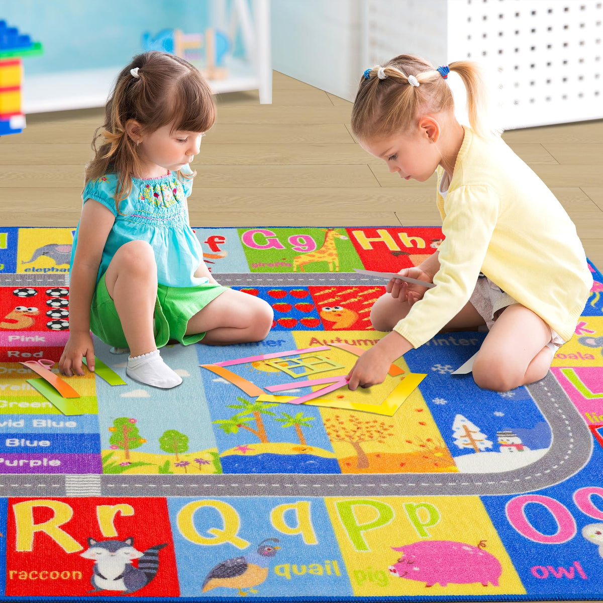 Flagover Playroom Rug featuring colorful animals to spark imagination and color learning.
