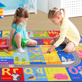 Flagover Playroom Rug featuring colorful animals to spark imagination and color learning.