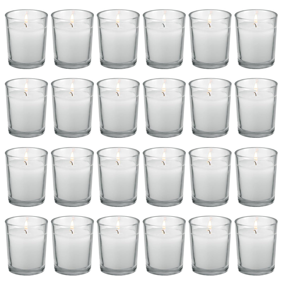 FlameCan 24-pack clear glass votive candles for elegant centerpieces.
