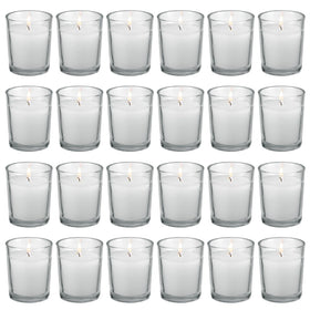 FlameCan 24-pack clear glass votive candles for elegant centerpieces.