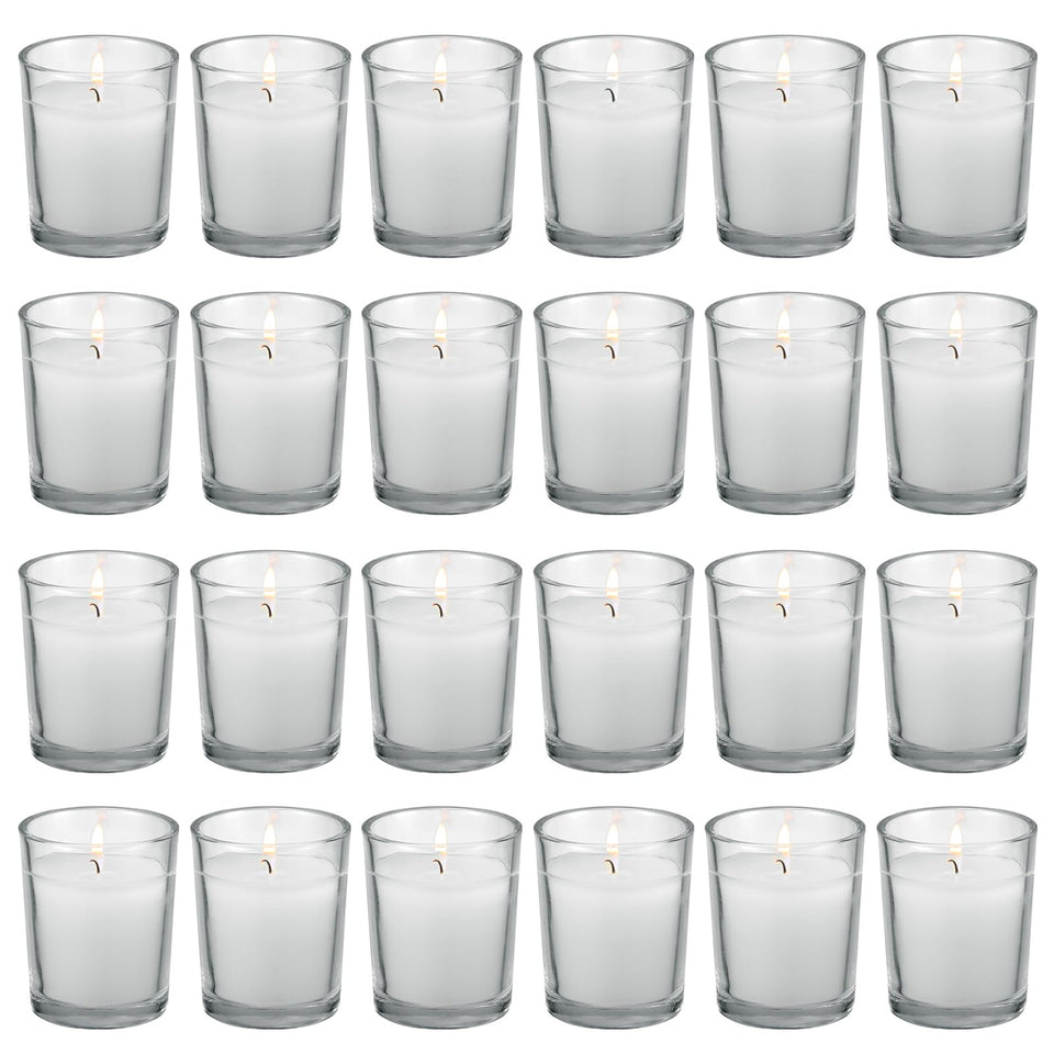 FlameCan 24-pack clear glass votive candles for elegant centerpieces.