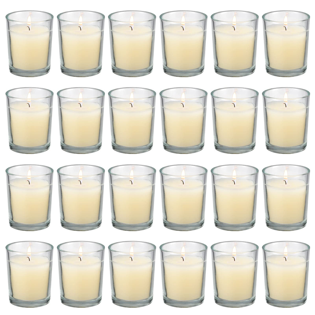 Flamecan 24-pack clear glass votive candles create warm ambience for any room.