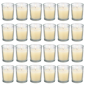 Flamecan 24-pack clear glass votive candles create warm ambience for any room.