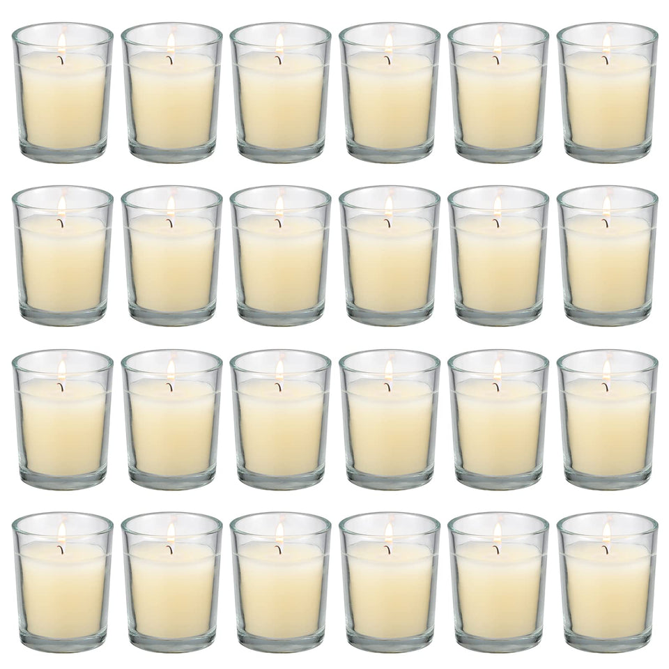 Flamecan 24-pack clear glass votive candles create warm ambience for any room.