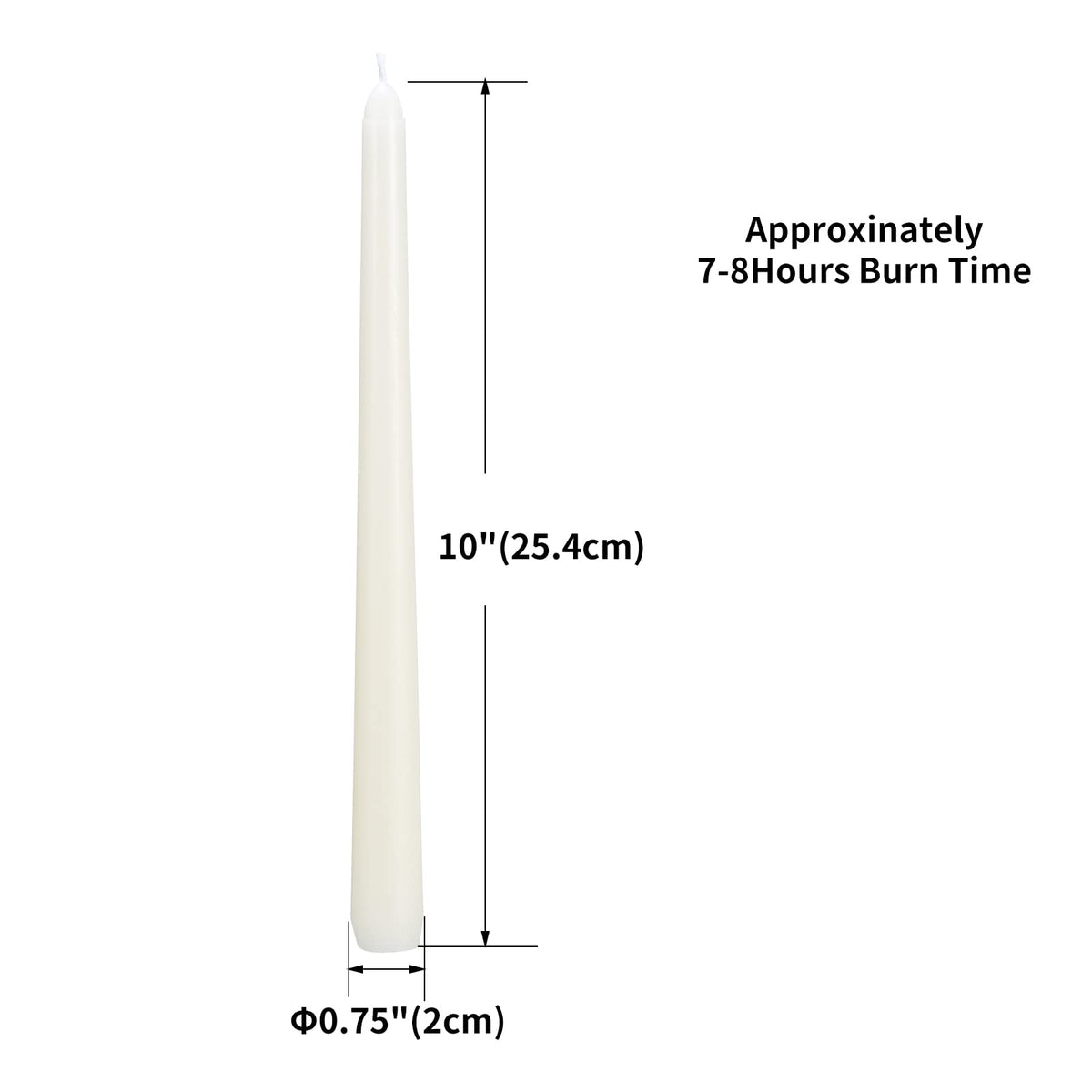FlameCan Ivory 10in taper candle lit with steady burn for 7-8 hours