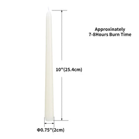 FlameCan Ivory 10in taper candle lit with steady burn for 7-8 hours