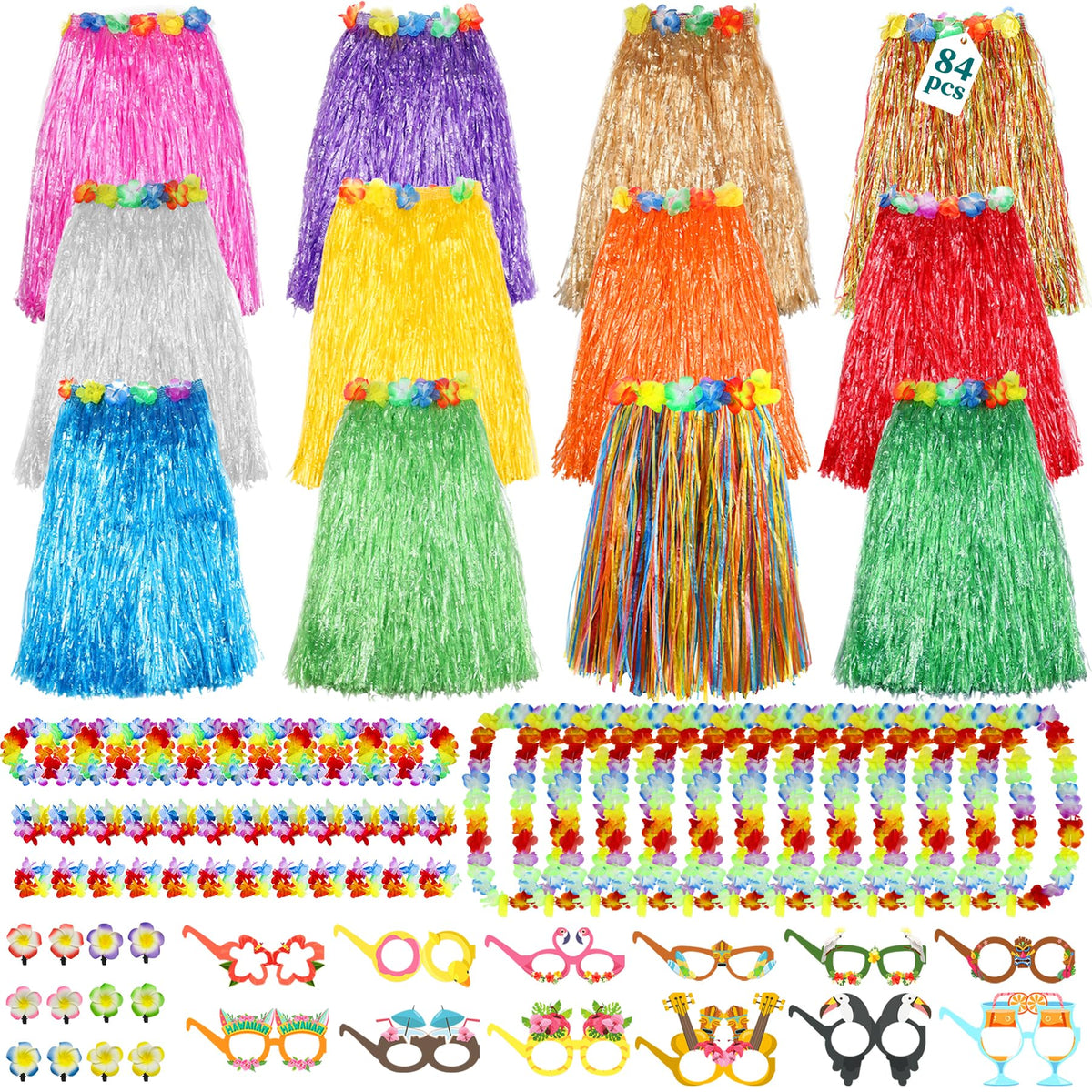 Flareyer grass skirt set adds tropical flair for luau dancing and festive photos.