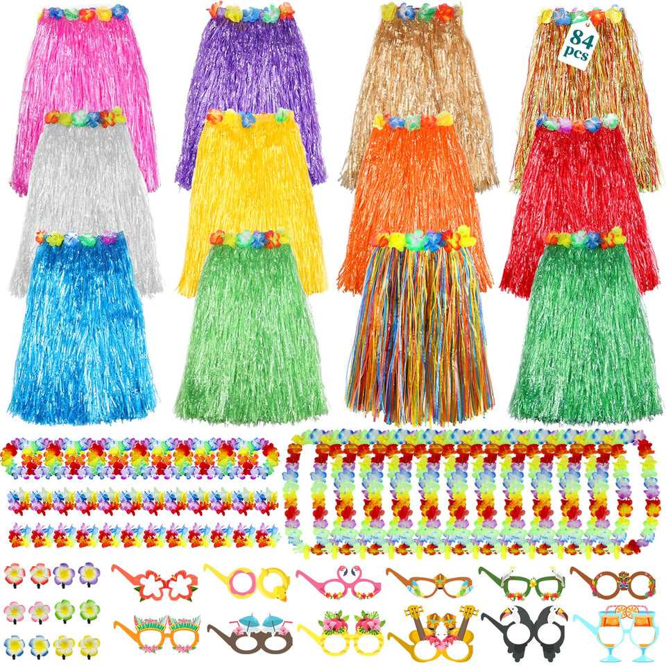 Flareyer grass skirt set adds tropical flair for luau dancing and festive photos.