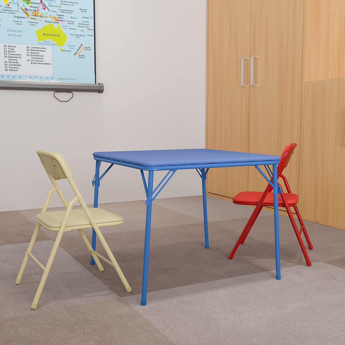 Flash Furniture Mindy Kids folding chair demonstrates compact seating for daycare.