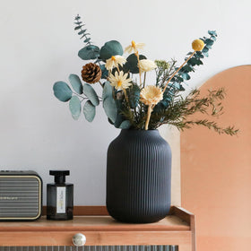 Flature grooved vase black room setup on dining table or shelf