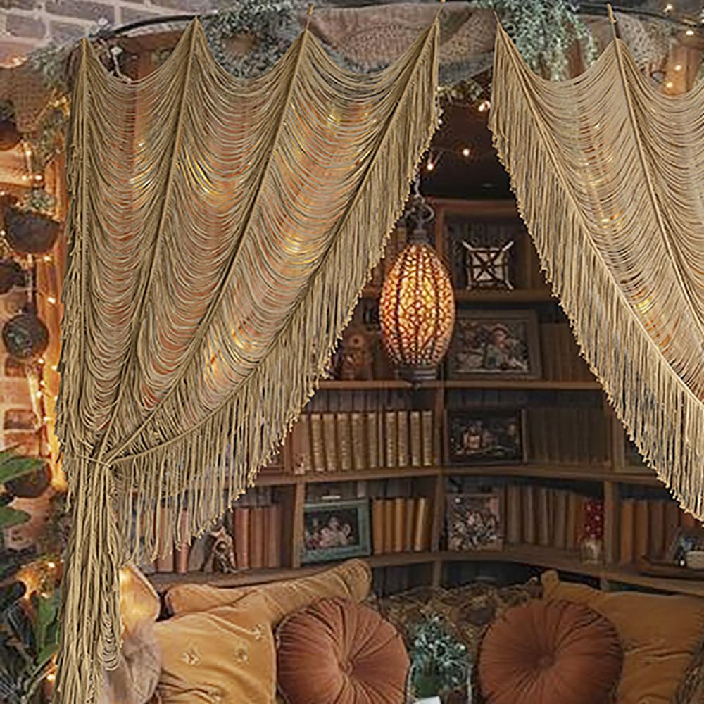 Flber macrame curtain in khaki decorates doorway with soft light filtering