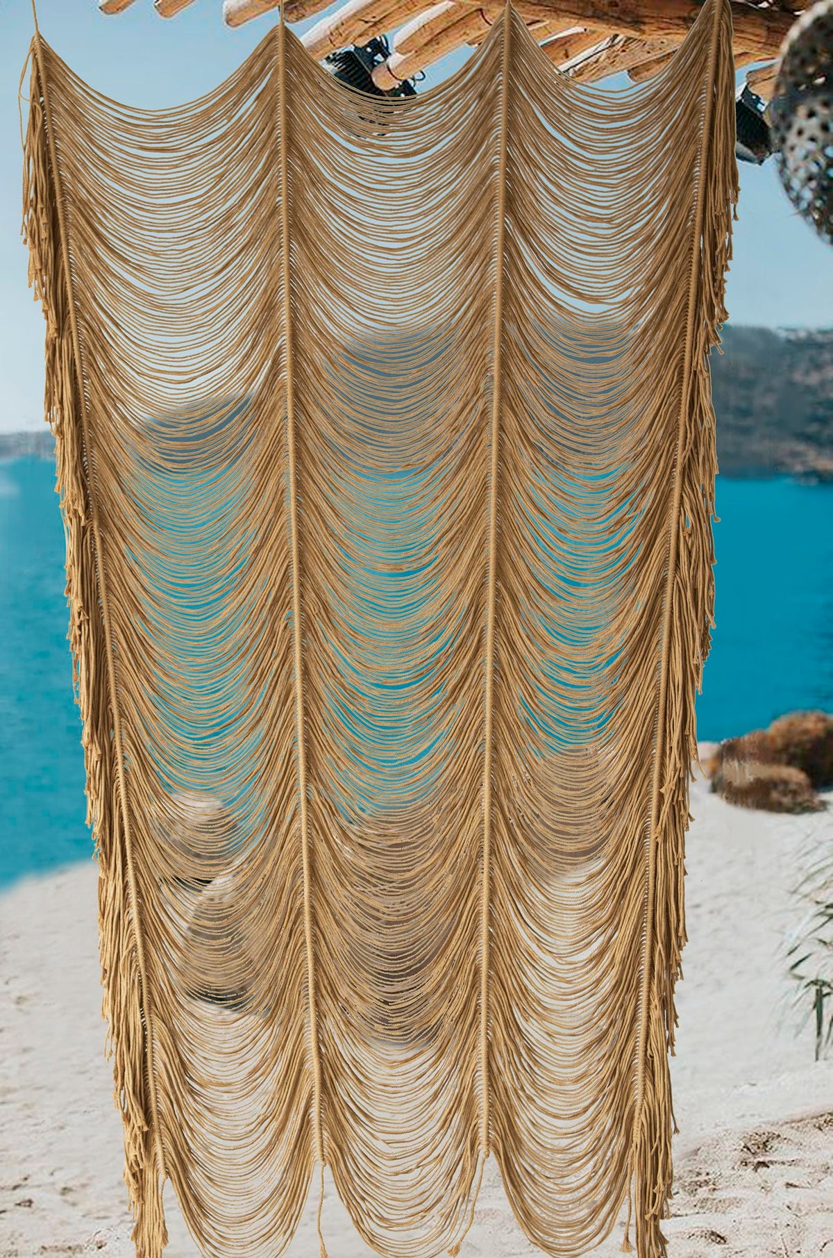 Flber macrame curtain close-up shows 100 percent cotton weave and craftsmanship