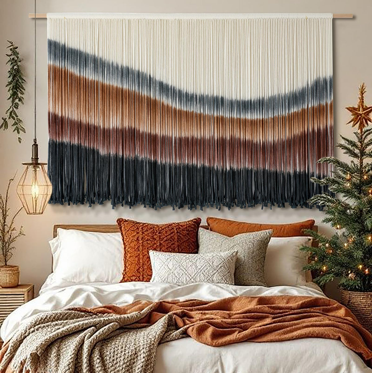 Flber espresso tie-dye macrame weave adds texture to a bedroom retreat.