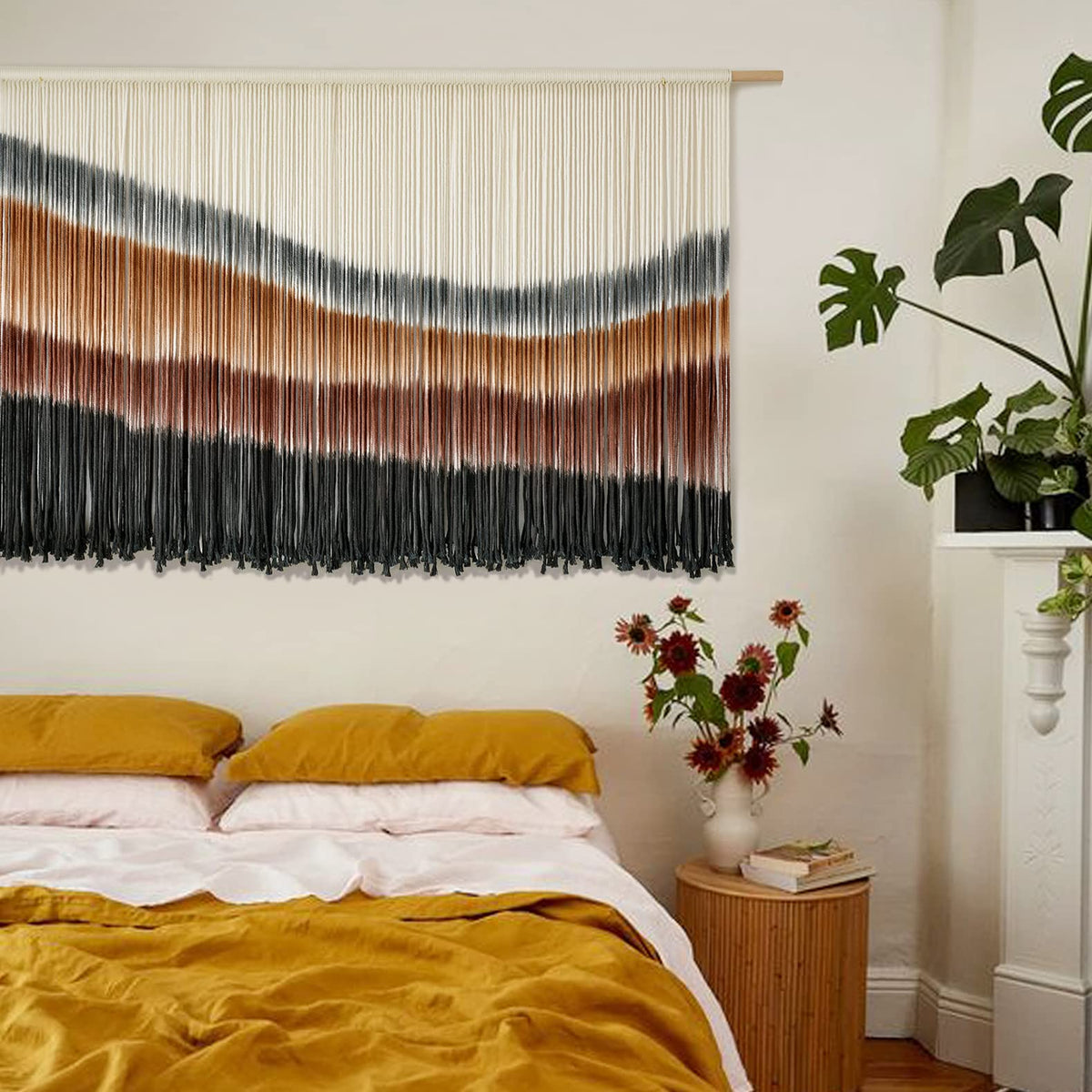 Flber geometric knots detail creates an artisanal gallery wall focal point.