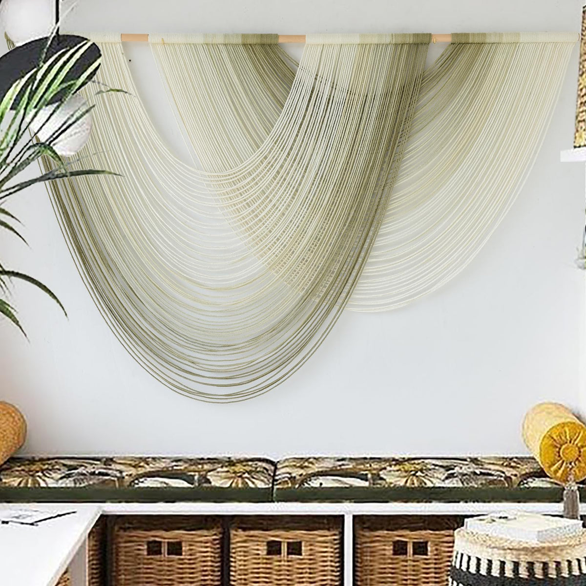 Flber wall art featuring hand-tied knots adds artisanal charm to entryways.