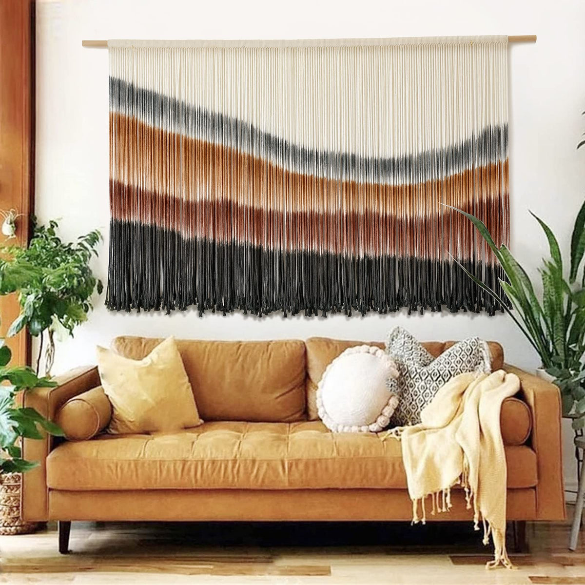 Flber macrame wall hanging in coffee brown tie-dye enhances cozy living spaces.