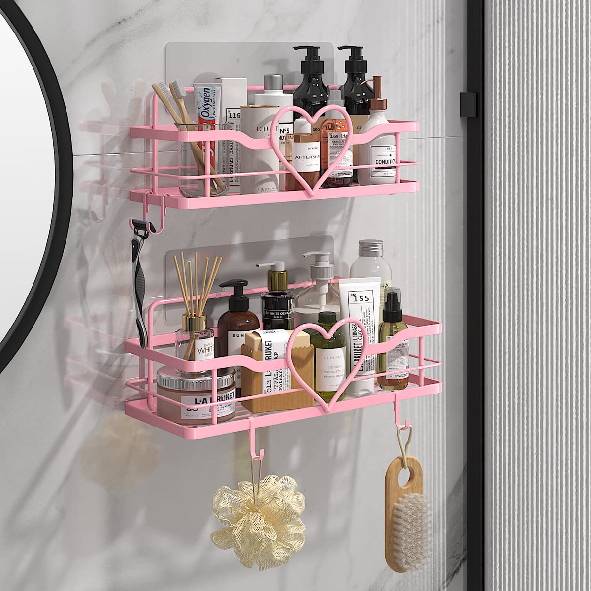 FLCITY removable hooks demonstrating flexible storage for toiletries.