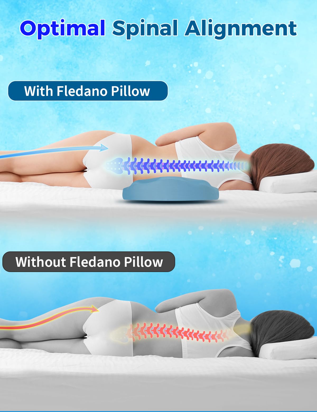 Fledano lumbar pillow for multi use comfort under legs or feet.