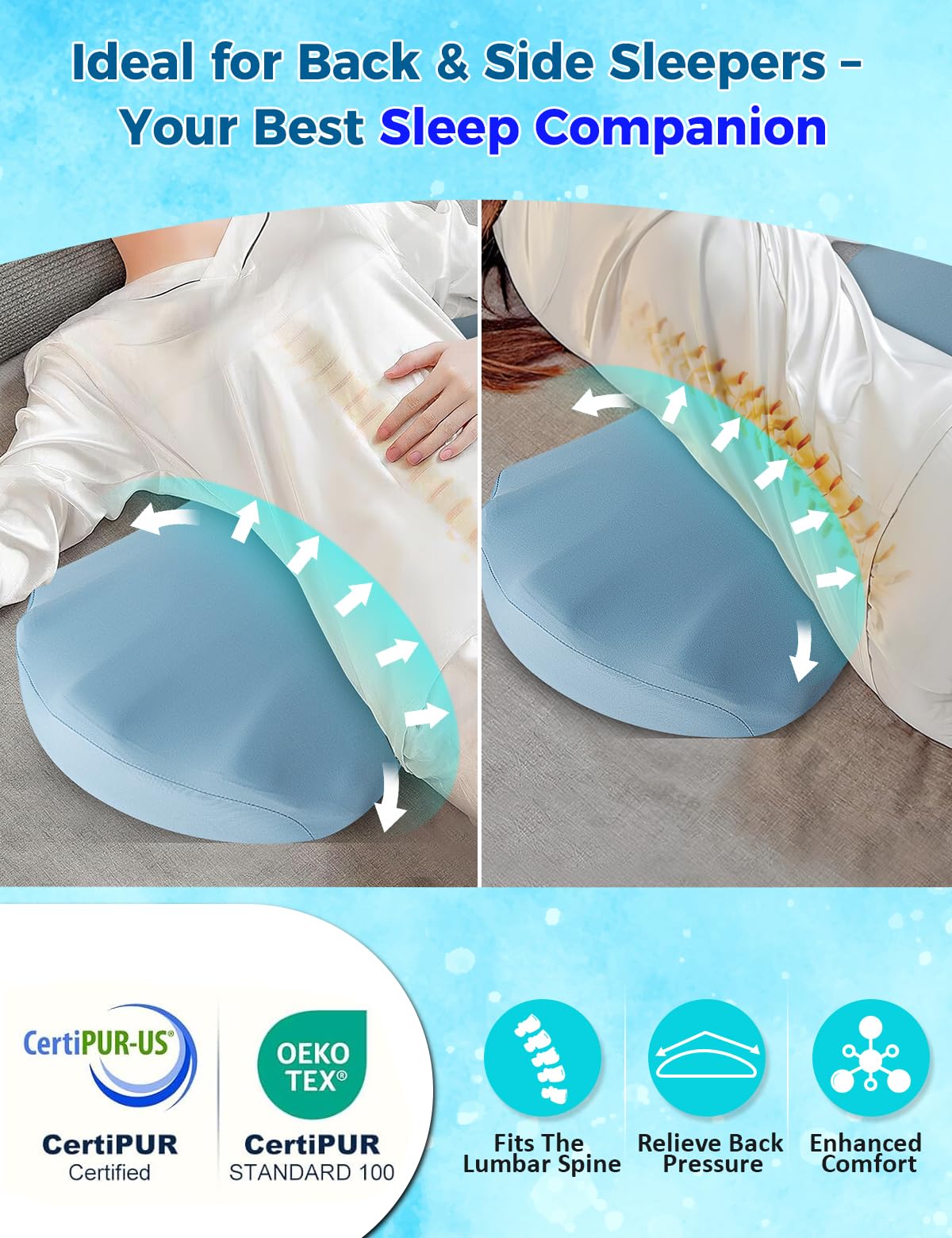Fledano pillow demonstrates spinal alignment and hip comfort during sleep.
