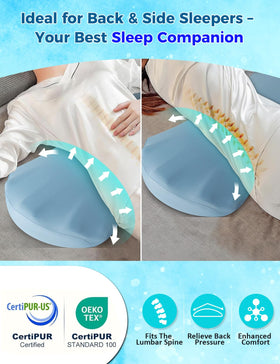 Fledano pillow demonstrates spinal alignment and hip comfort during sleep.