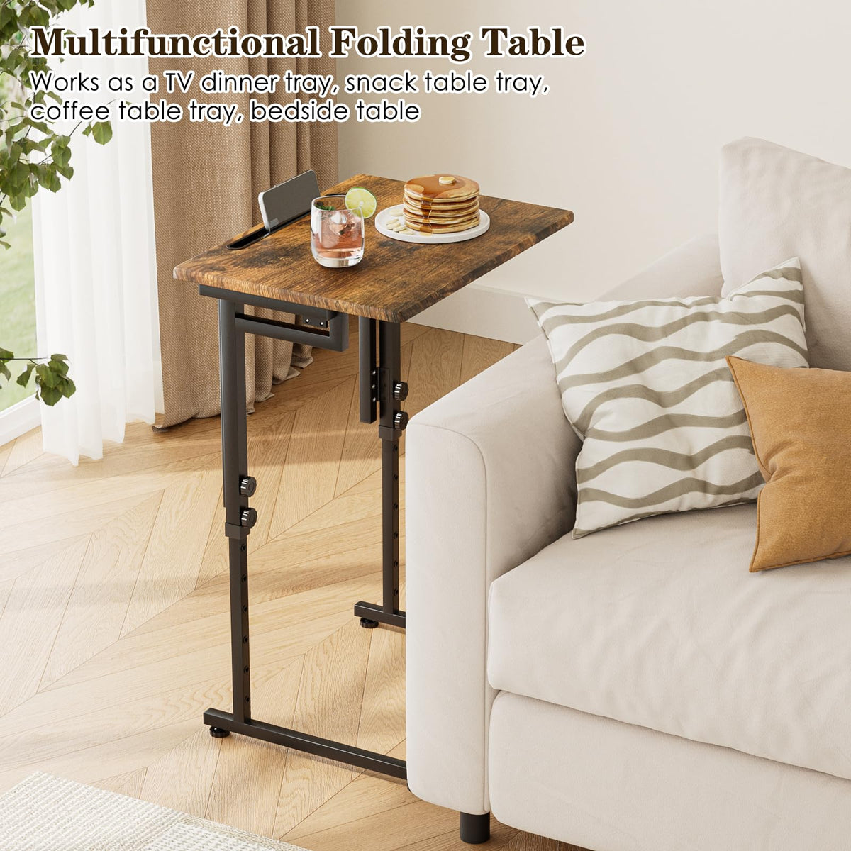 Fleecy day c-shaped end table beside sofa for snacks within reach