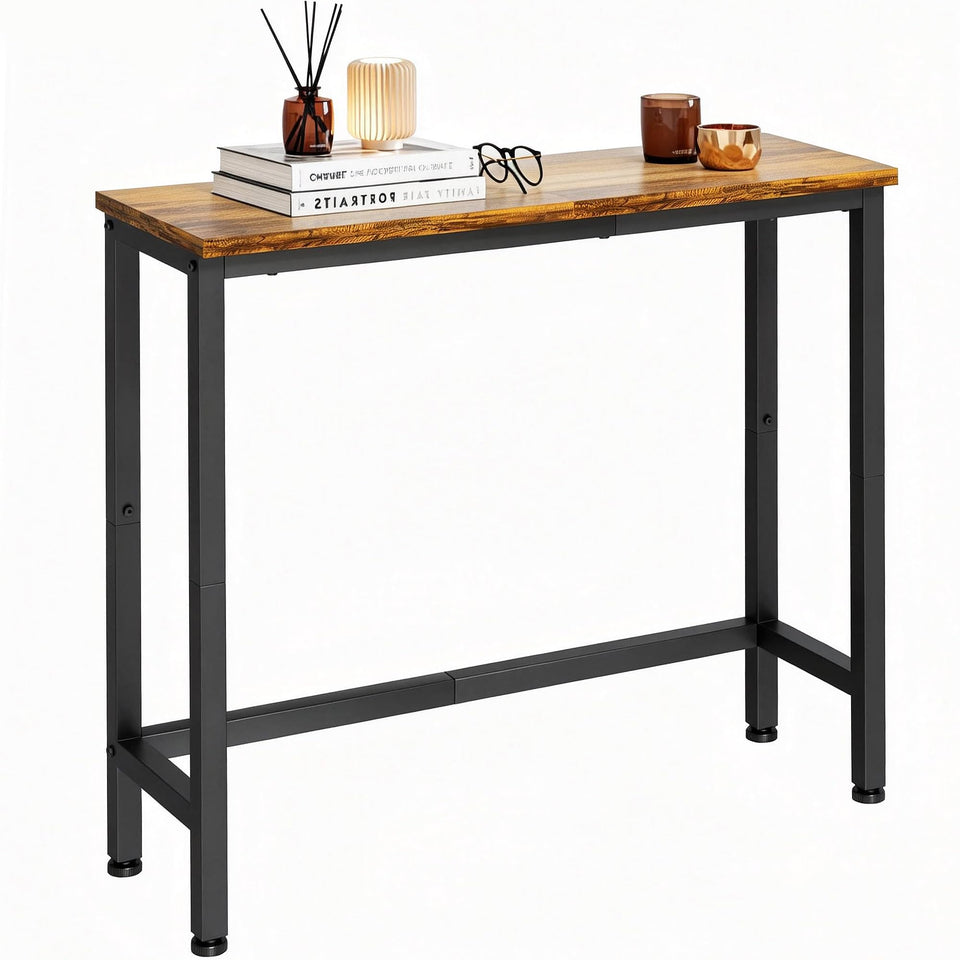 Flevra narrow console table with rustic brown wood-look top, ideal for entryways.