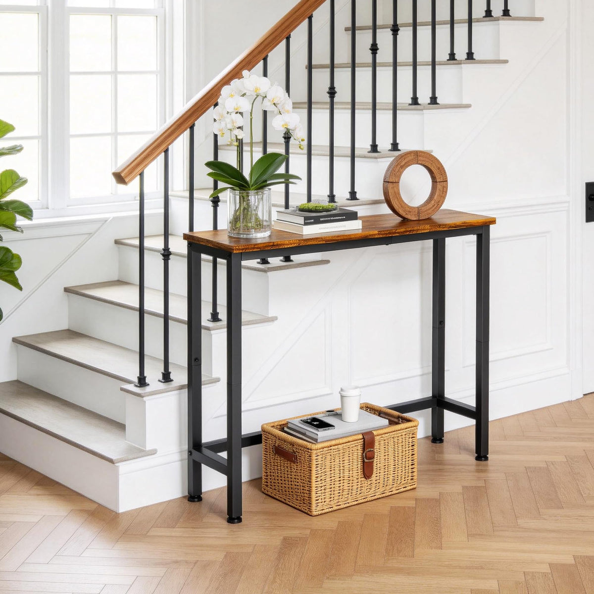 Flevra slim sofa table behind couch, convenient for drinks and remotes.