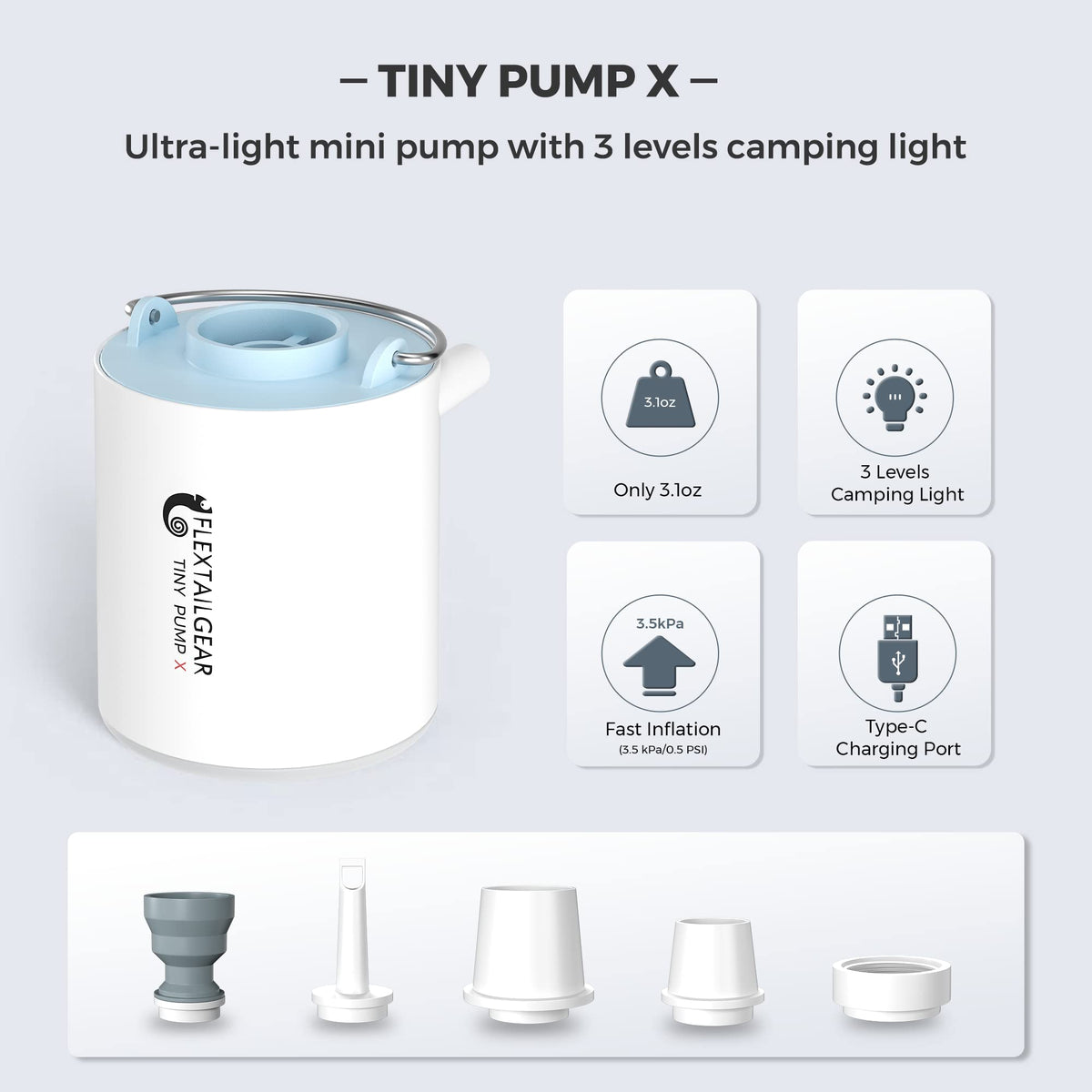 FLEXTAILGEAR Tiny Pump X with LED camping light provides bright, hands-free lighting for tents at night.