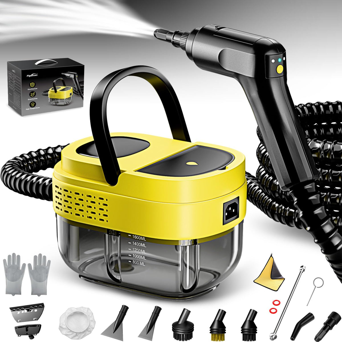 Flgocexs steam cleaner front view showing portable handheld design for quick cleanups