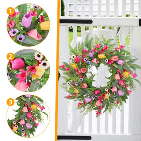 FLOAWYW artificial tulips wreath close-up highlights durable, reusable design.