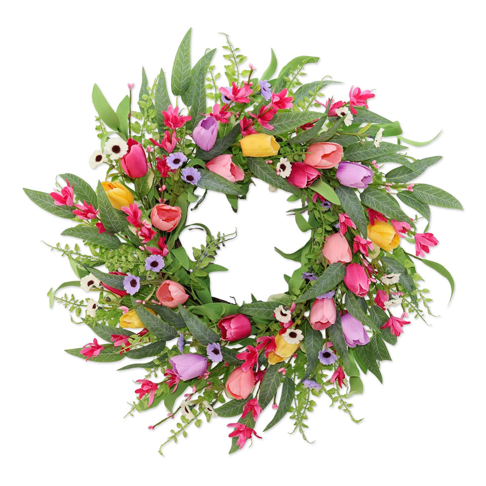 FLOAWYW front door tulip wreath enhances curb appeal for spring.