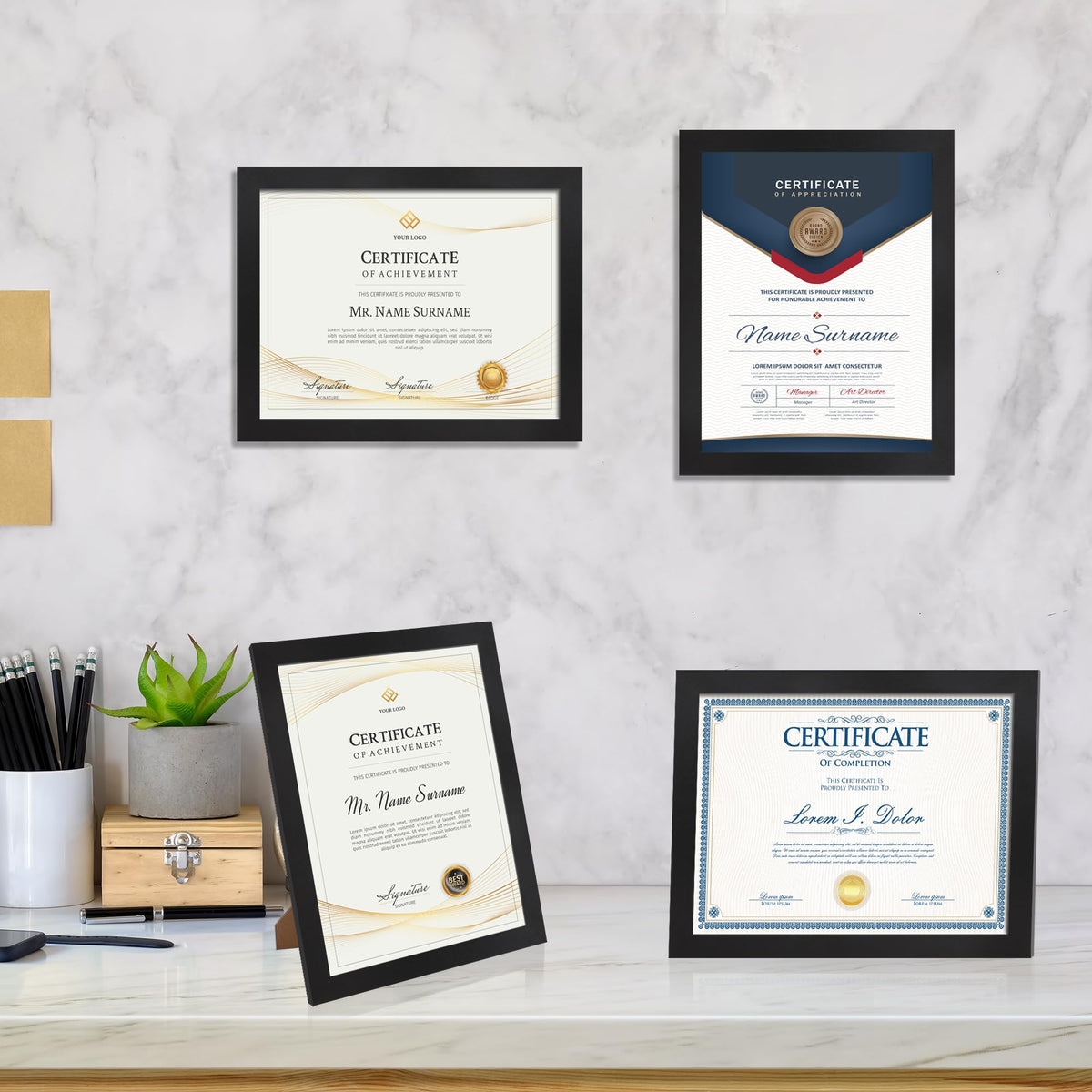 Flocey 8.5x11 frame set supports horizontal and vertical layouts for versatile display.