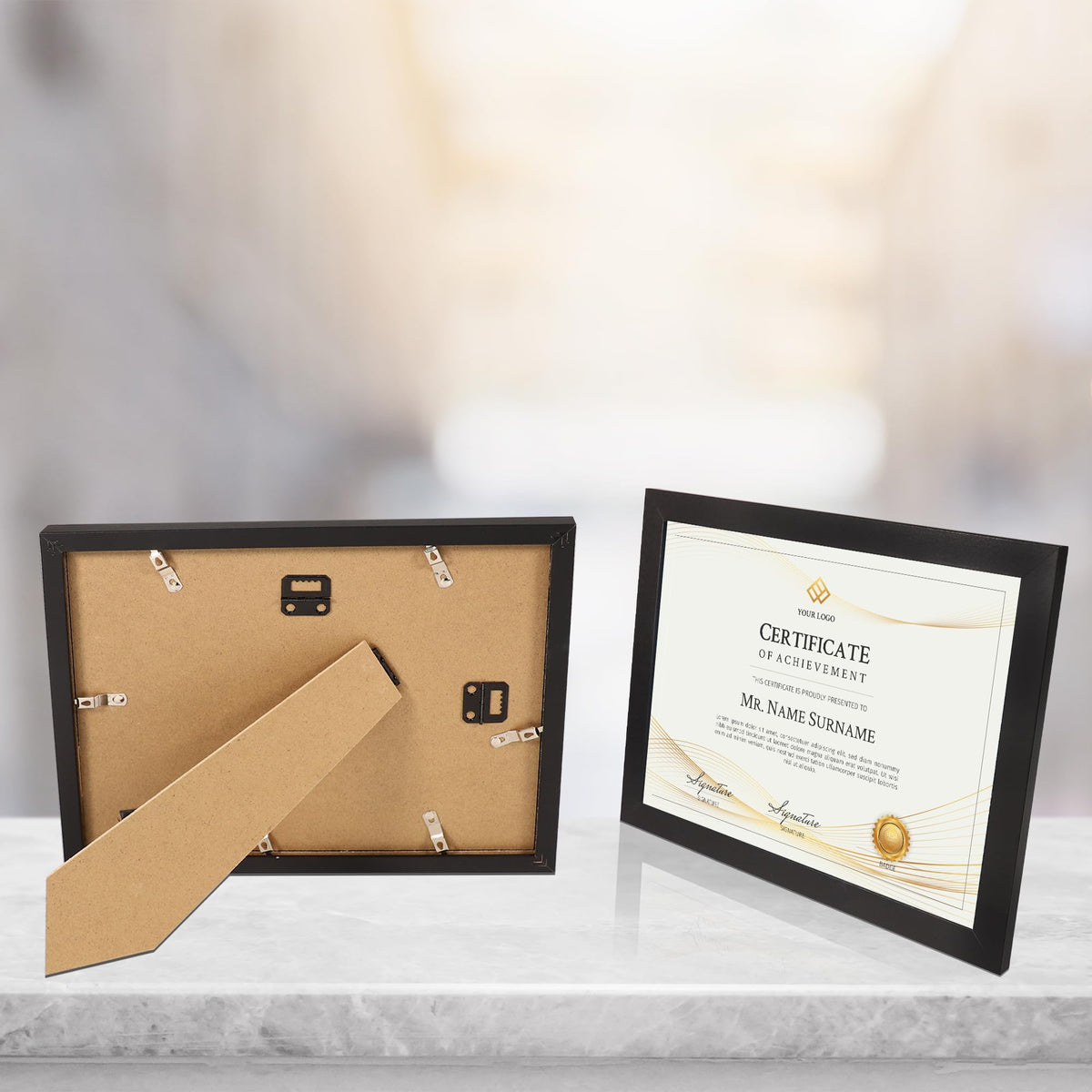 Flocey 8.5x11 frame set in black complements professional spaces.