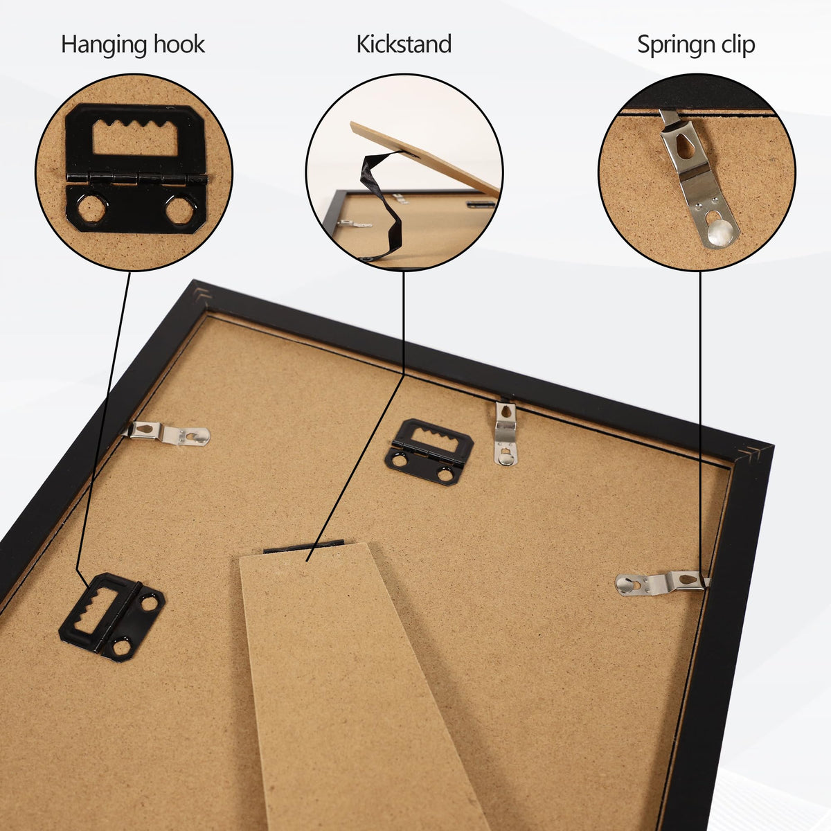 Flocey 8.5x11 frame set offers wall hooks for space-saving mounting.