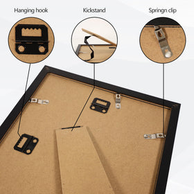 Flocey 8.5x11 frame set offers wall hooks for space-saving mounting.