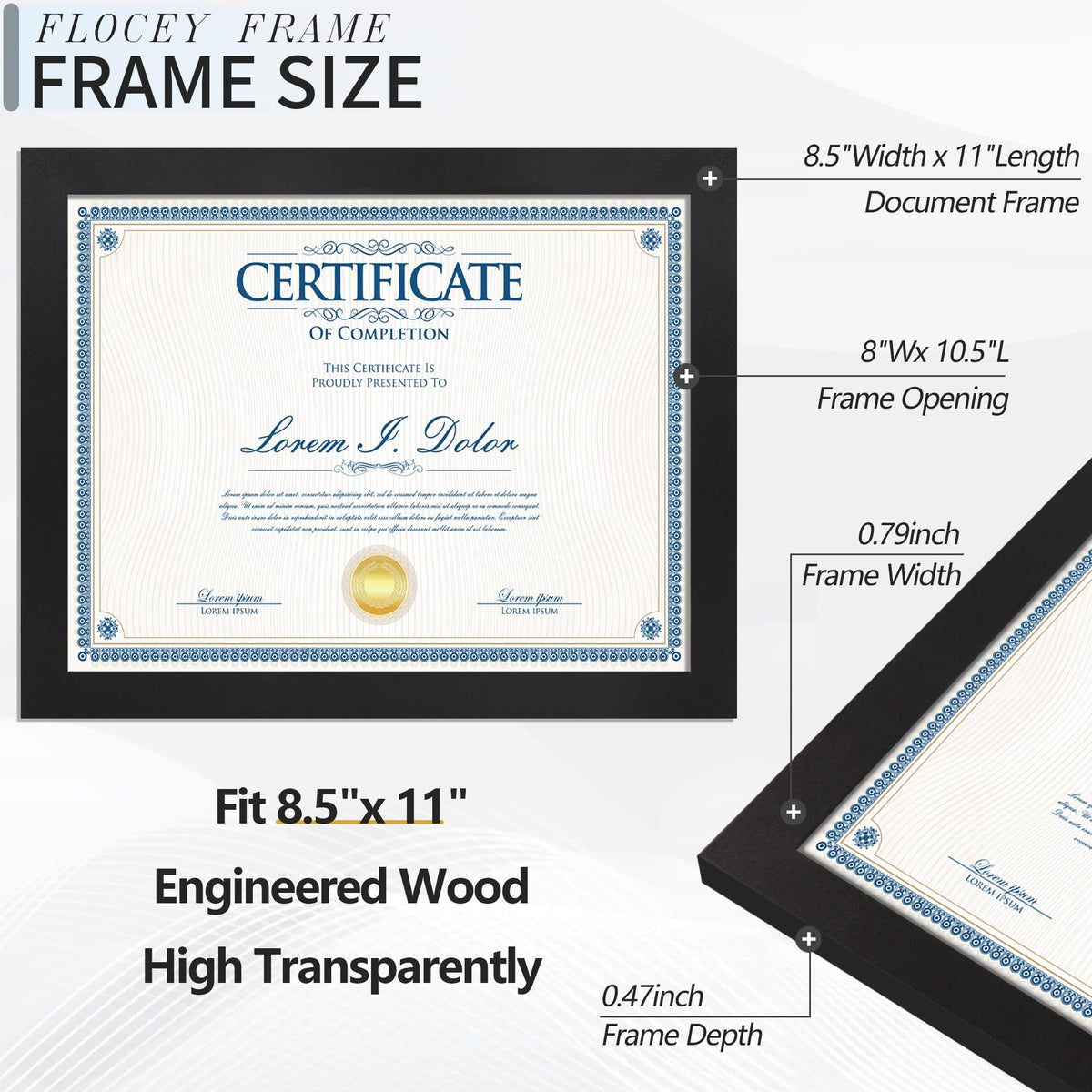 Flocey 8.5x11 frame set for diploma display on table, organized desk decor.